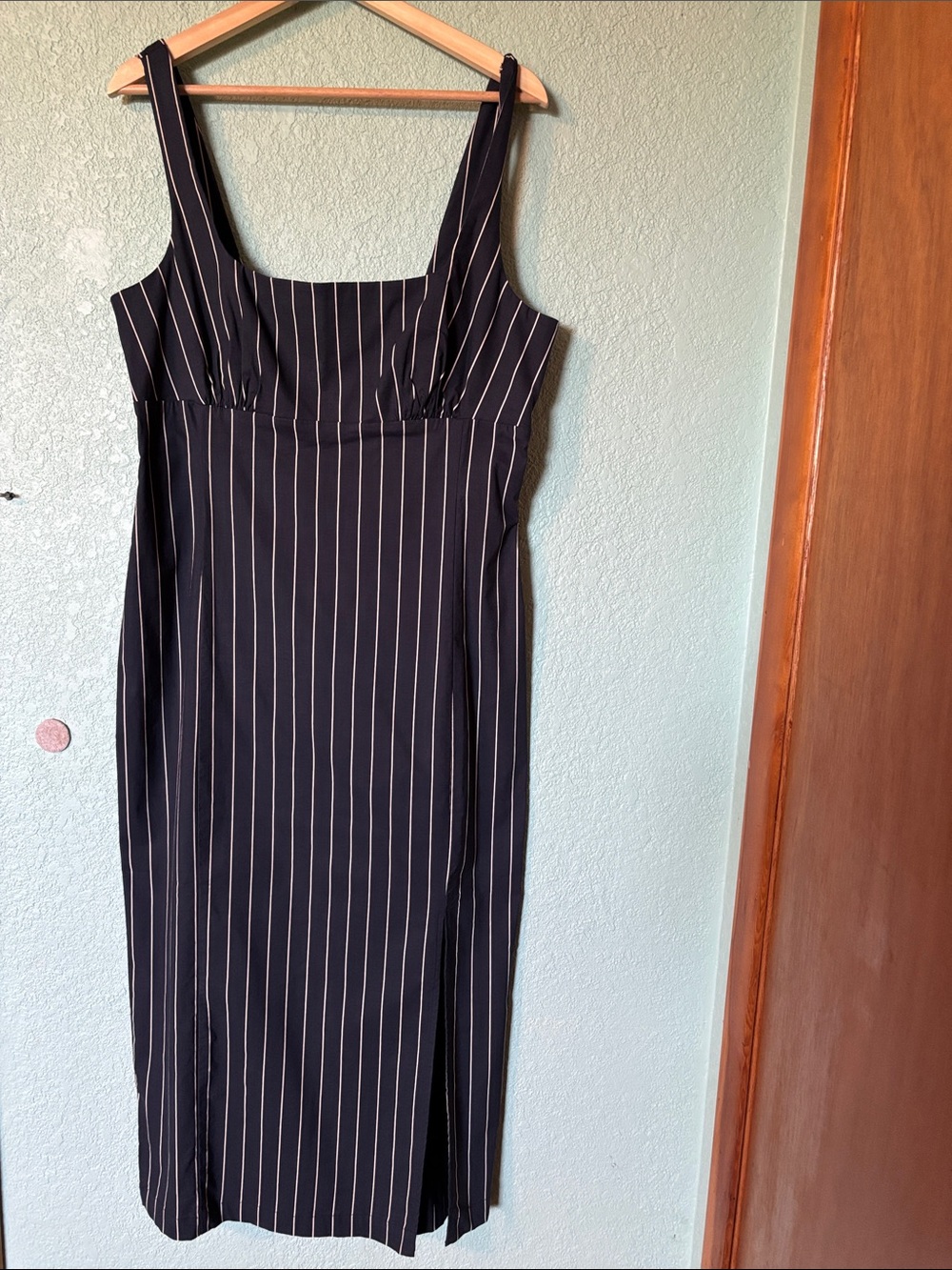Anthropologie Navy with White Pinstripe Square-Neck Midi Dress Size Large NWT